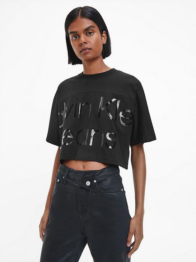 Calvin Klein USA Cropped Gloss Logo Womens T-Shirt Black 1798204-FV